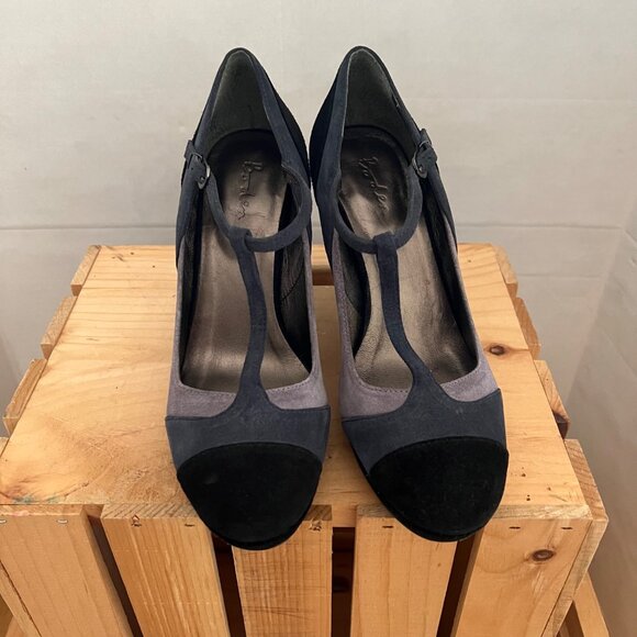 Boden Size 8 Black & Gray Suede Round Toe T-Strap Mary Jane High Heel Pumps Shoe - Picture 4 of 16